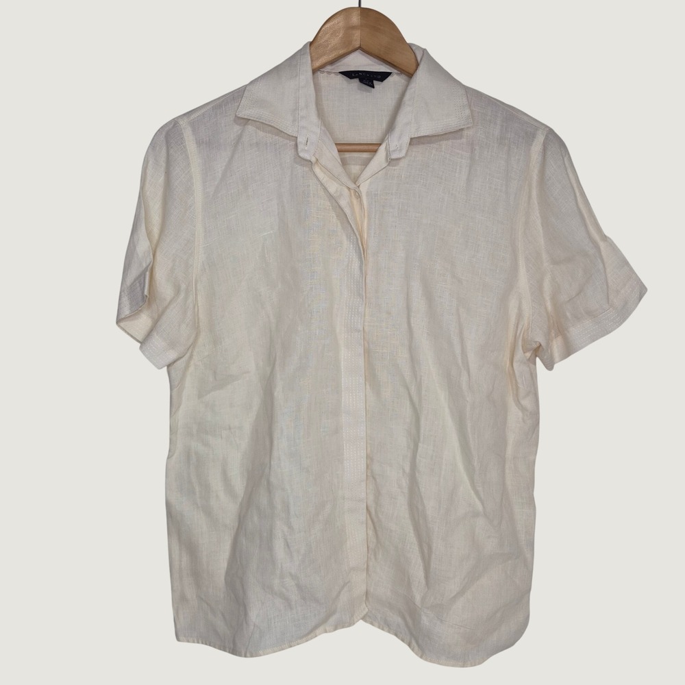 Lands' End Linen Shirt Womens M 10-12 Cream Minimalist Short Sleeve Button Up